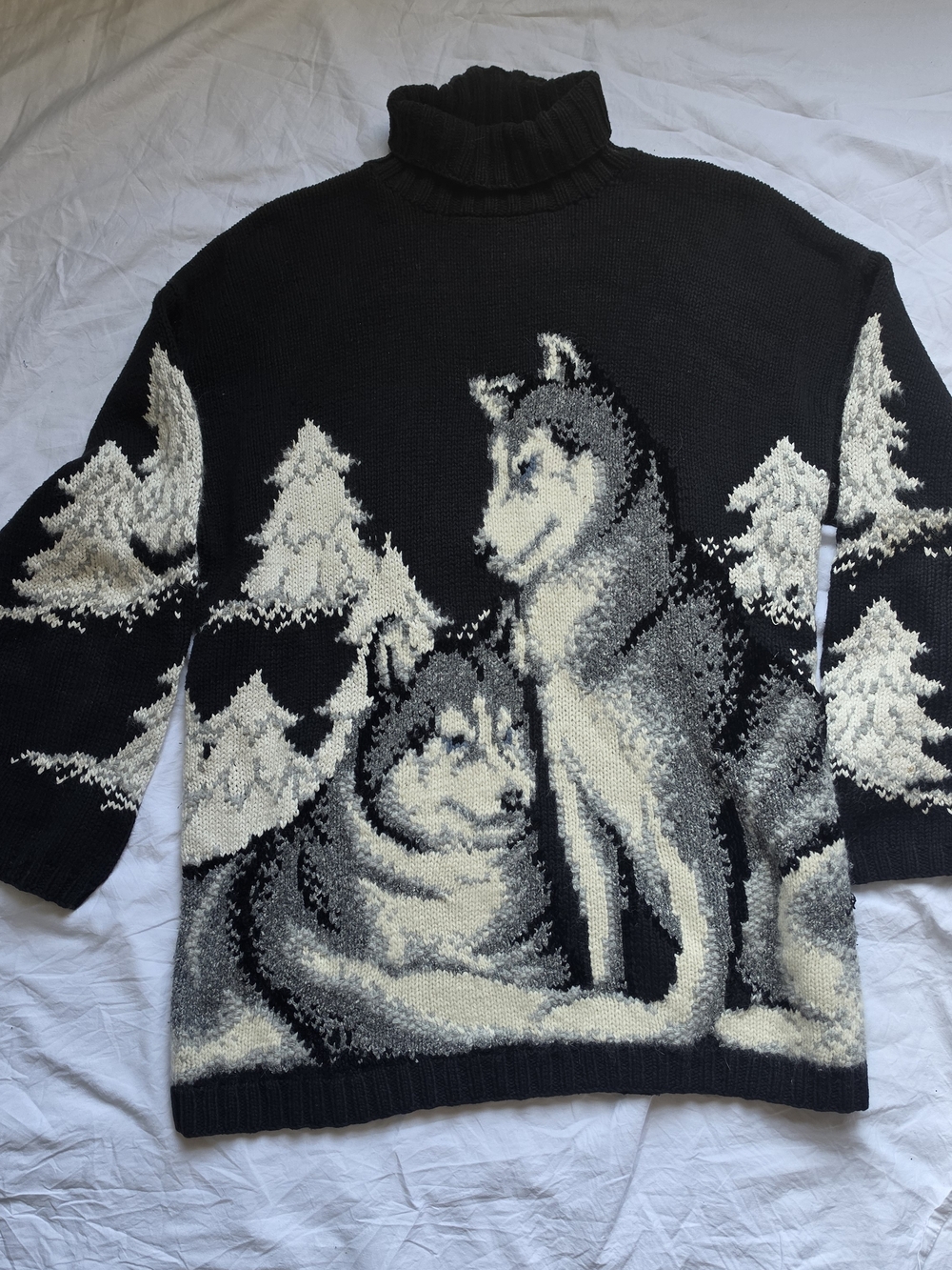 Vintage Marisa Christina Black Turtleneck Sweater with Cream & Gray Husky Motif